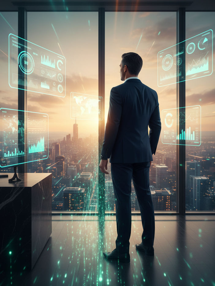 Professionals collaborating with AI systems in a modern workspace