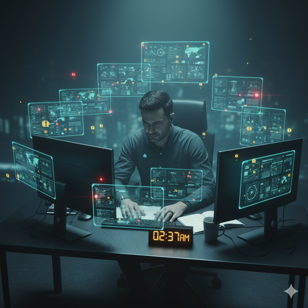 Overwhelmed professional surrounded by data and screens